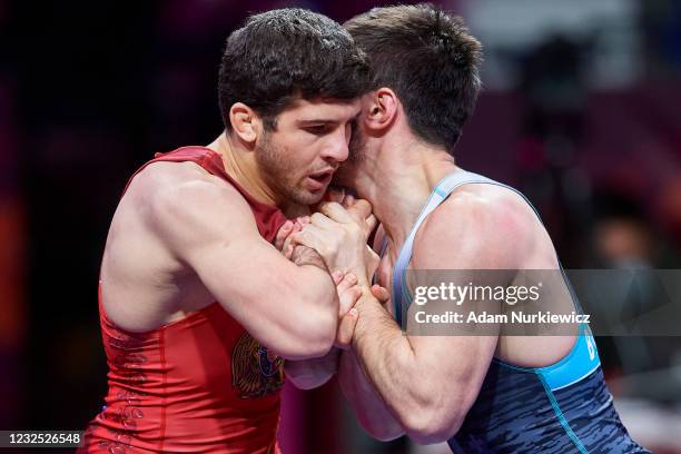 Malkhas Amoyan from Armenia fights with Shmagi Bolkvadze from Georgia at Final Greco-Roman Wrestling 72 kg weight during 2021 Senior European...