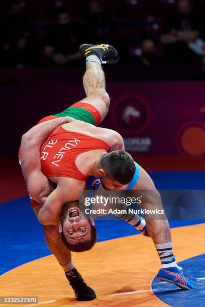 Radzik Kuliyeu from Belarus fights with Adlan Akiev from Russia at Final Greco-Roman Wrestling 82 kg weight during 2021 Senior European Championships...