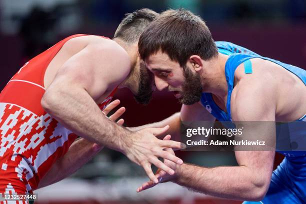 Radzik Kuliyeu from Belarus fights with Adlan Akiev from Russia at Final Greco-Roman Wrestling 82 kg weight during 2021 Senior European Championships...