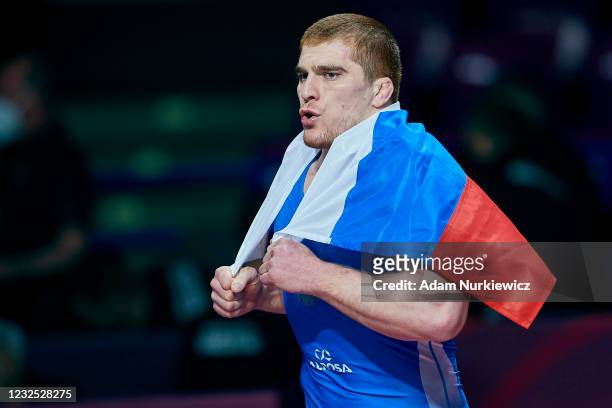 Musa Evloev from Russia celebrates victory and gold medal at Final Greco-Roman Wrestling 97 kg weight during 2021 Senior European Championships...