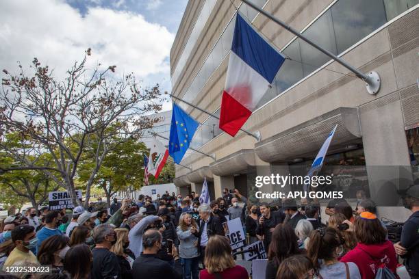 The Jewish community and the international Israel education organization StandWithUs holds a protest in front of the Consulate General of France on...