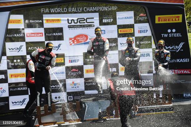 Sebastien Ogier of France and Julien Ingrassia of France celebrate success during the FIA World Rally Championship Croatia Day Three on April 25,...