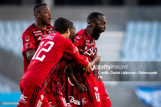 Ronald Mukiibi of Ostersunds FK celebrates after scoring the 1-1 goal during the Allsvenskan match between Malmo FF and Ostersunds FK at Eleda...