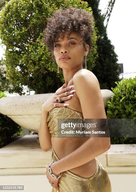 Andra Day is seen in her award show look for the 93rd Annual Academy Awards on April 25, 2021 in Los Angeles, California.