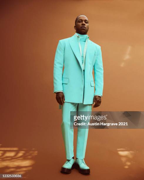 Leslie Odom, Jr. Is seen in his award show look for the 93rd Annual Academy Awards on April 25, 2021 in Los Angeles, California.