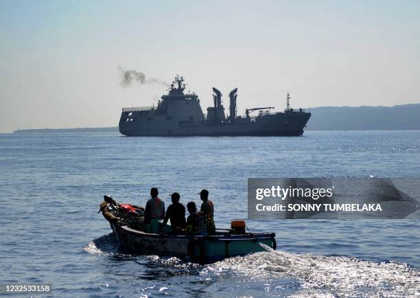 The Indonesian Navy patrol boat KRI Bontang arrives at a naval base in Banyuwangi, East Java province on April 26 after an Indonesian submarine that...