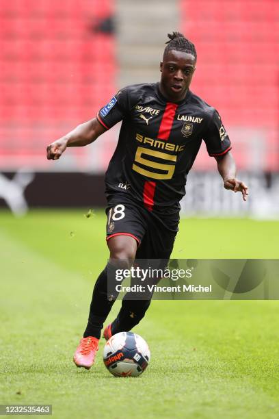 Jeremy Doku of Rennes during the Ligue 1 match between Stade Rennes and Dijon FCO at Roazhon Park on April 25, 2021 in Rennes, France.