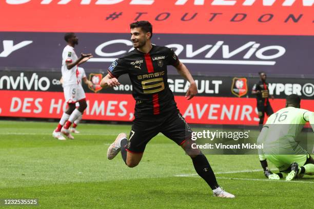 Martin Terrier of Rennes jubilates as he scores his sideÕs first goal during the Ligue 1 match between Stade Rennes and Dijon FCO at Roazhon Park on...