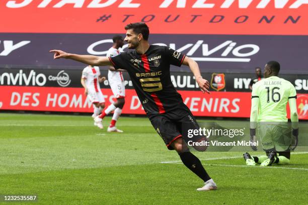 Martin Terrier of Rennes jubilates as he scores his sideÕs first goal during the Ligue 1 match between Stade Rennes and Dijon FCO at Roazhon Park on...