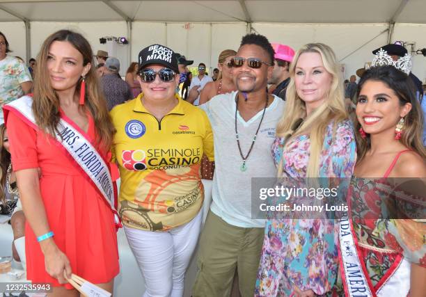 Tatiana Sidorova, Melissa Ganzi, Cuba Gooding Jr., guest and Nina Feliciano attend The World Polo League Beach Polo Miami Beach on April 25, 2021 in...