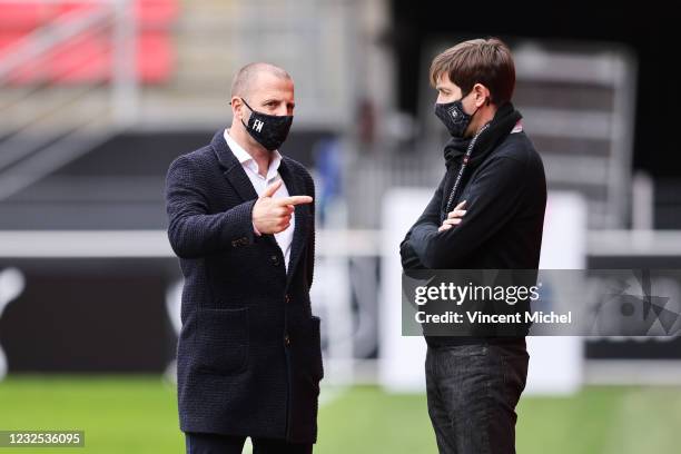 Florian Maurice and Olivier Cloarec of Rennes during the Ligue 1 match between Stade Rennes and Dijon FCO at Roazhon Park on April 25, 2021 in...