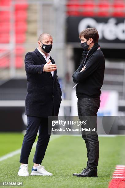 Florian Maurice and Olivier Cloarec of Rennes during the Ligue 1 match between Stade Rennes and Dijon FCO at Roazhon Park on April 25, 2021 in...