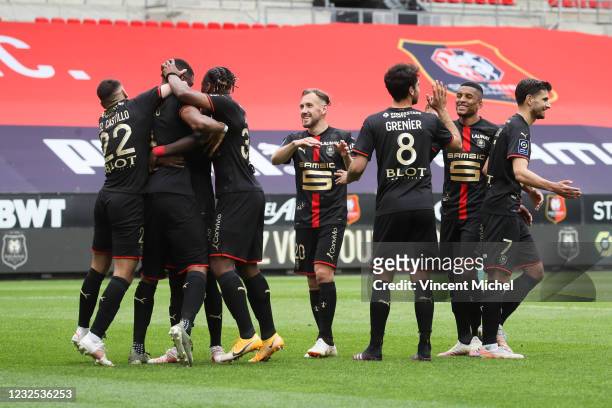 Gerzino Nyamsi of Rennes jubilates as he scores the fourth goal during the Ligue 1 match between Stade Rennes and Dijon FCO at Roazhon Park on April...