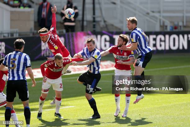 Middlesbrough defend a corner as Sheffield Wednesday's Julian Borner and Tom Lees challenge during the Sky Bet Championship match The Riverside...