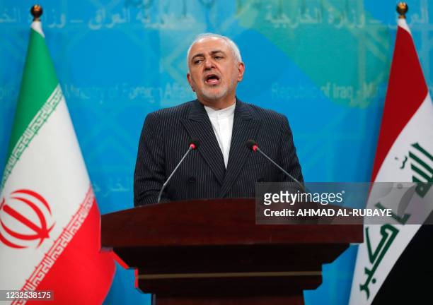 Iran's Foreign Minister Mohammad Javad Zarif speaks during a joint press conference with his Iraqi counterpart in Iraq's capital Baghdad on April 26,...