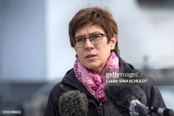 German Defence Minister Annegret Kramp-Karrenbauer gives a press statement aboard the Boomeranger frigate "Sachsen-Anhalt" during her first visit to...