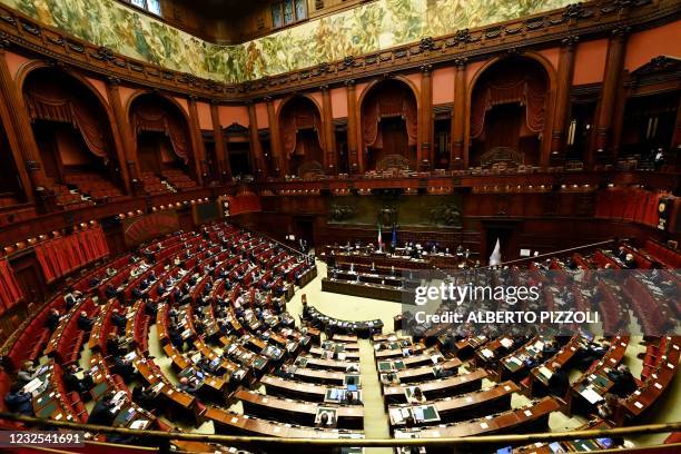 General view of the Italian Parliament as Italian Prime Minister Mario Draghi addresses deputies on April 26 at Montecitorio Palace in Rome where he...