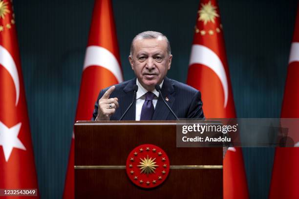 Turkish President Recep Tayyip Erdogan makes a statement during a press conference following the cabinet meeting at the Presidential Complex in...