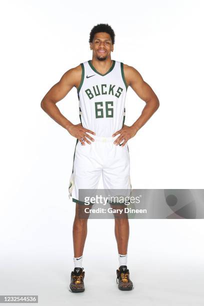 Axel Toupane of the Milwaukee Bucks poses for a portrait on April 23, 2021 at the Fiserv Forum Center in Milwaukee, Wisconsin. NOTE TO USER: User...