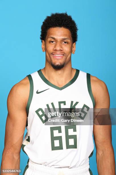 Axel Toupane of the Milwaukee Bucks poses for a head shot on April 23, 2021 at the Fiserv Forum Center in Milwaukee, Wisconsin. NOTE TO USER: User...