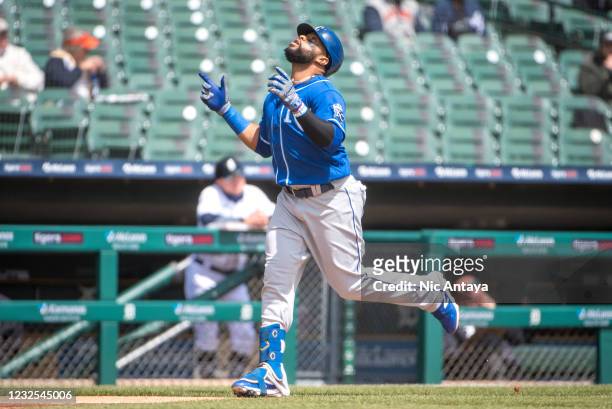 Carlos Santana of the Kansas City Royals celebrates a home run against the Detroit Tigers during the top of the third inning at Comerica Park on...