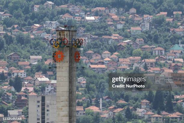 Sarajevo 1984 Winter Olympics logo is seen on the tower near the Zetra hall in Sarajevo, Bosnia and Herzegovina on July 14, 2015.