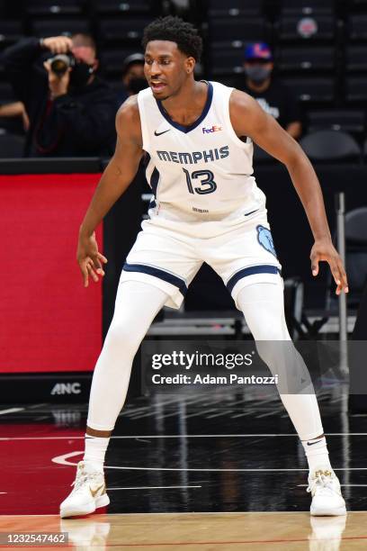 Jaren Jackson Jr. #13 of the Memphis Grizzlies plays defense during the game against the LA Clippers on April 21, 2021 at STAPLES Center in Los...