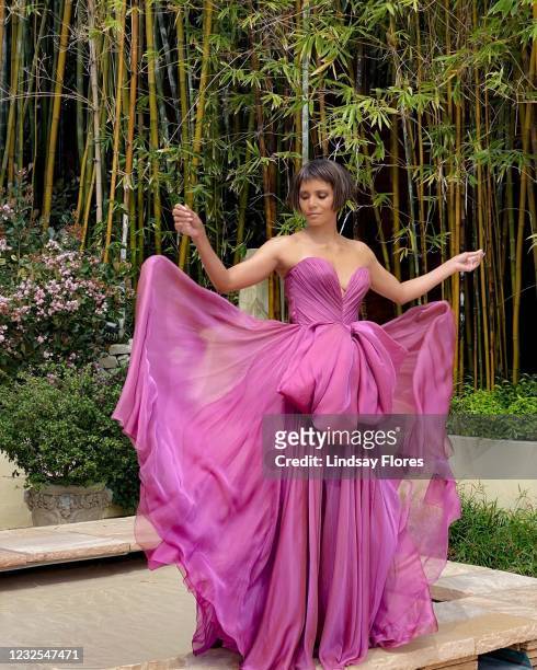 Halle Berry is seen in her award show look for the 93rd Annual Academy Awards on April 25, 2021 in Los Angeles, California.