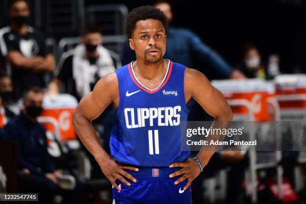 Yogi Ferrell of the LA Clippers looks on during the game against the Memphis Grizzlies on April 21, 2021 at STAPLES Center in Los Angeles,...
