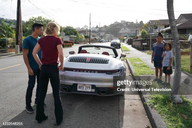 Cry Murder" Episode 313 -- Pictured: Jay Hernandez as Thomas Magnum, Perdita Weeks as Juliet Higgins, Kazuma and Kota Brailsford --