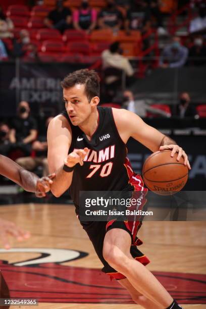 Nemanja Bjelica of the Miami Heat drives to the basket during the game against the Chicago Bulls on April 26, 2021 at American Airlines Arena in...