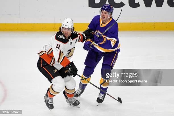 Los Angeles Kings Left Wing Austin Wagner and Anaheim Ducks Defenceman Cam Fowler watch play during an NHL game between the Anaheim Ducks and the Los...