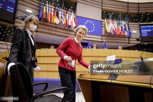 European Commission President Ursula von der Leyen arrives at the debate on EU-UK trade and cooperation agreement during the second day of a plenary...