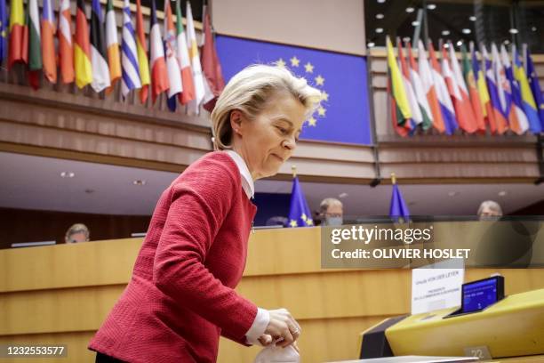 European Commission President Ursula von der Leyen arrives at the debate on EU-UK trade and cooperation agreement during the second day of a plenary...