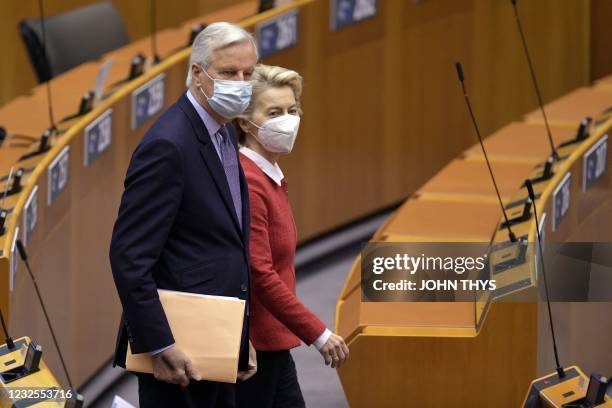 European Commission President Ursula von der Leyen and European Union's negotiator Michel Barnier arrive at the debate on EU-UK trade and cooperation...