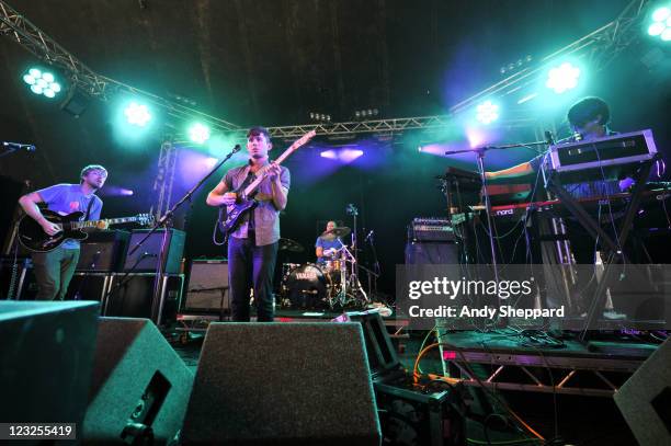 Tim Mislock, Peter Silberman, Michael Lerner and Darby Cicci of The Antlers perform on stage during Day 1 of Reading Festival 2011 at Richfield...