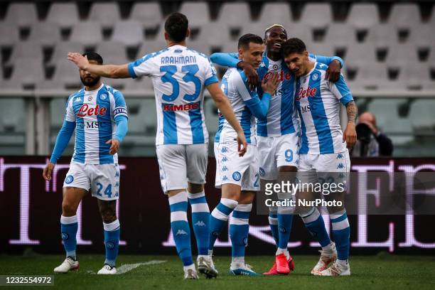 Napoli forward Victor Osimhen celebrates with Napoli forward Lorenzo Insigne , Napoli midfielder Piotr Zielinski and Napoli defender Giovanni Di...