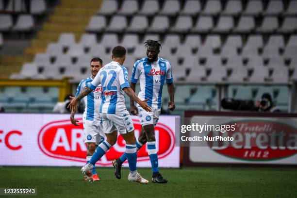 Napoli midfielder Tiemoue Bakayoko celebrates with Napoli defender Giovanni Di Lorenzo after scoring his goal to make it 0-1 during the Serie A...