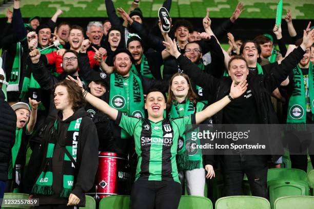 Western United fans celebrate their 2-0 win during the Hyundai A-League soccer match between Western United FC and Newcastle Jets on April 2021 at...