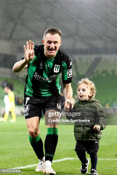 Besart Berisha of Western United poses with this daughter during the Hyundai A-League soccer match between Western United FC and Newcastle Jets on...