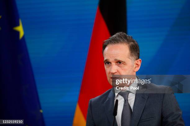 German Foreign Minister Heiko Maas attends a news conference with his counterpart from Slovakia Ivan Korcok prior to a meeting at the foreign...