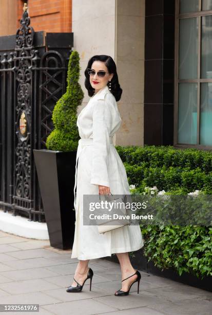 Dita Von Teese poses outside of Claridge's on April 27, 2021 in London, England.