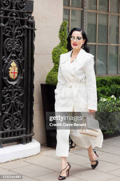 Dita Von Teese poses outside of Claridge's on April 27, 2021 in London, England.