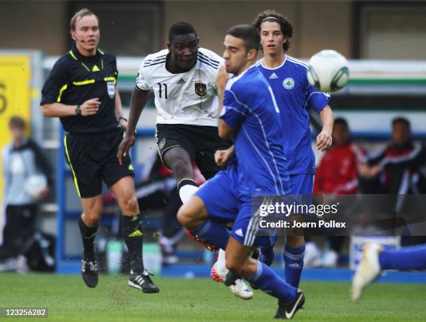 Peniel Mlapa of Germany scores his team's fourth goal during the 2013 UEFA European Under-21 Qualifier Group 1 match between Germany and San Marino...