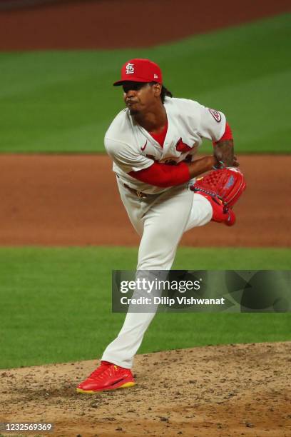 Alex Reyes of the St. Louis Cardinals delivers a pitch against the Philadelphia Phillies in the ninth inning at Busch Stadium on April 27, 2021 in St...