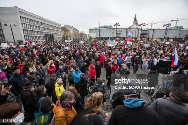 Protesters gathered in Republic Square in front of the parliament during the demonstration. Protests against the government of Janez Jansa in...