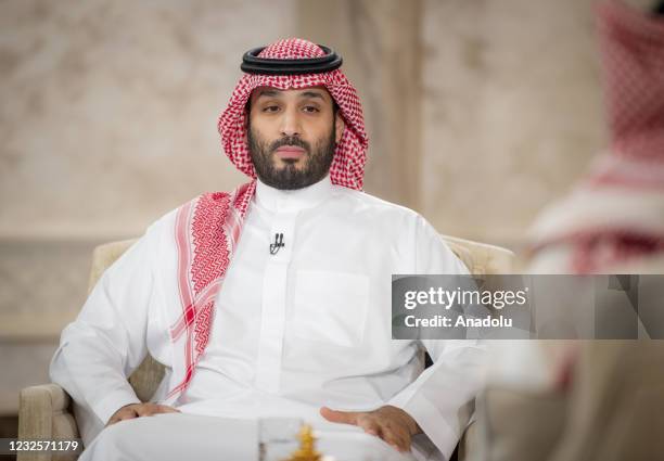 Crown Prince of Saudi Arabia Mohammed bin Salman gives an interview to the official TV channel in Riyadh, Saudi Arabia on April 28, 2021.