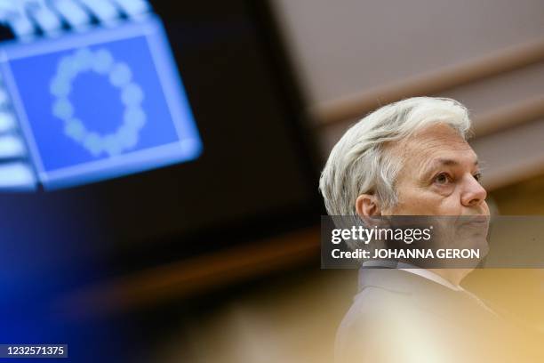 European Justice Commissioner Didier Reynders addresses the European Parliament in Brussels, on April 28 on the creation of a Covid-19 certificate.