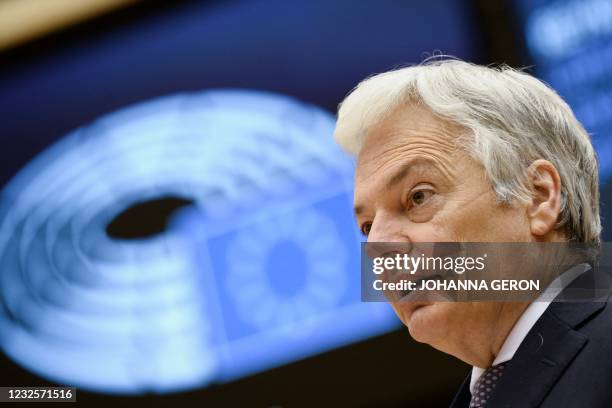 European Justice Commissioner Didier Reynders addresses the European Parliament in Brussels, on April 28 on the creation of a Covid-19 certificate.