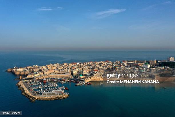 Picture taken on April 16 shows a general view of the old city of Acre, also known as Akko, located on the shore of the Mediterranean Sea in northern...